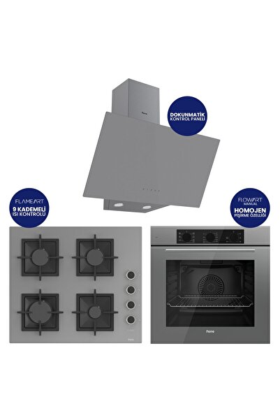 Ferre Flowart Turbolu Gri Cam Ankastre Set ( Kaymaz Döküm Izgara ) QBL62CPR+S...