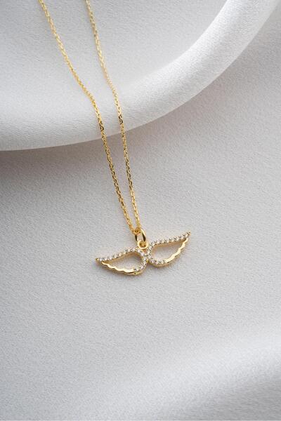 Two Arts Kadın 925 Ayar Gümüş Melek Kanadı Zirkon Taşlı Kolye | 14K Altın Kaplama