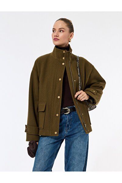 Koton Mock Neck Coat Cashmere Oversized Pockets Long Sleeve
