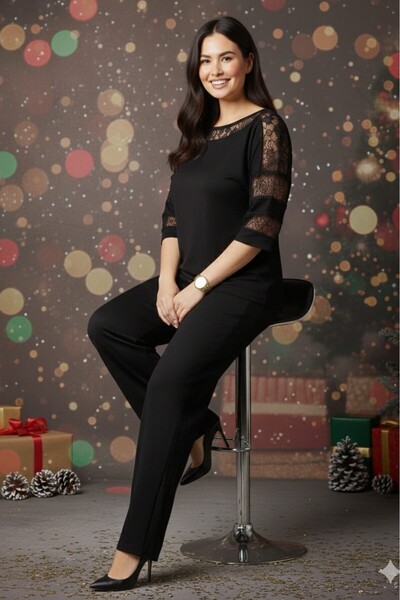 sinemisxxl Stretch Fabric Black Plus Size Suit with Lace Details