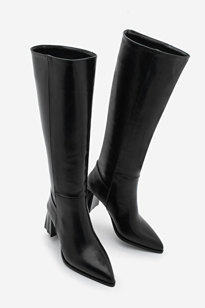 Marjin Women's Pointed Toe Thick Heeled Non-Zipper Heeled Boots Runava Black