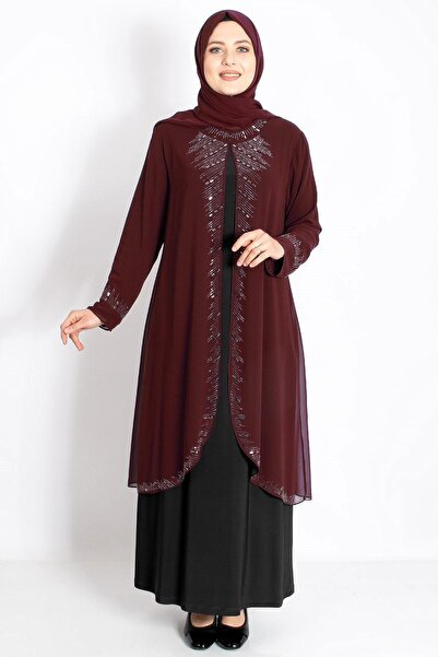 SUBU TASARIM Stone Work Detailed Evening Dress Dark Burgundy Tbs2224