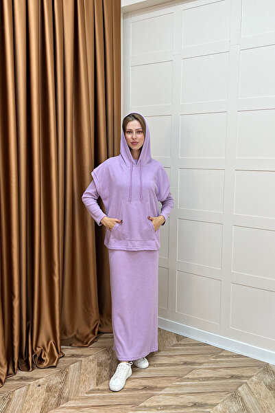 Stilife Viyana Kapüşonlu İkili Triko Elbise Lila