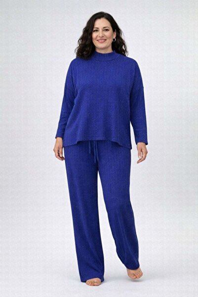 bezeXL Plus size navy blue glittery knit set with rhinestone accents on the sides