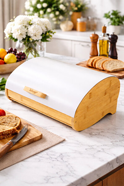 Amentes Bamboo Bread Box with Lid |   Countertop Wooden Bread Basket with Met...