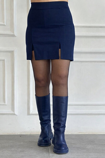 My-o Steel Fabric Front Back Skirt-Looking Stretch Fabric Shorts Skirt Navy Blue