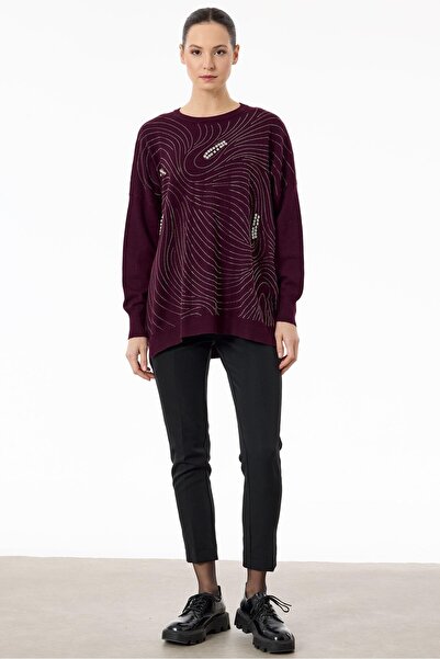 Tığ Triko Taşlı Ağ Desenli Triko Tunik BORDO