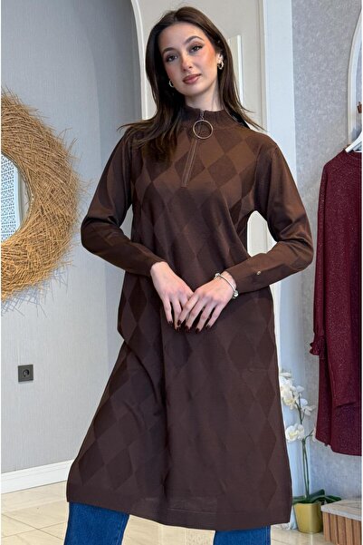 Armine Baklava Desenli Merserize Triko Tunik - Kahve