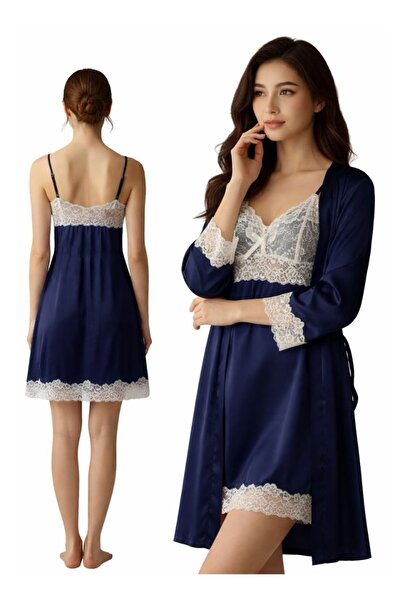 Cute طقم روب من الساتان الأزرق الداكن والدانتيل - فستان داخلي مزين بالدانتيل