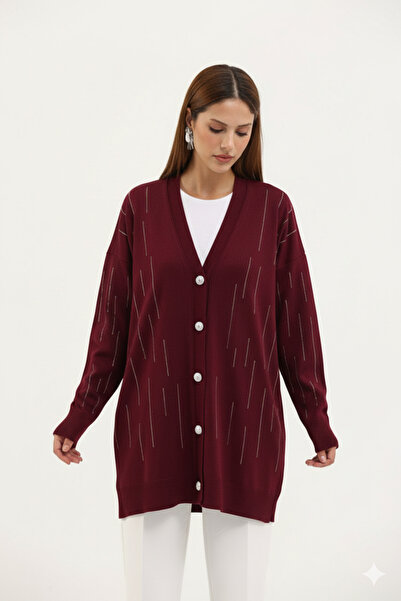 CELTMODA Women's Stone Embroidered Buttoned Mercerized Cardigan - Burgundy