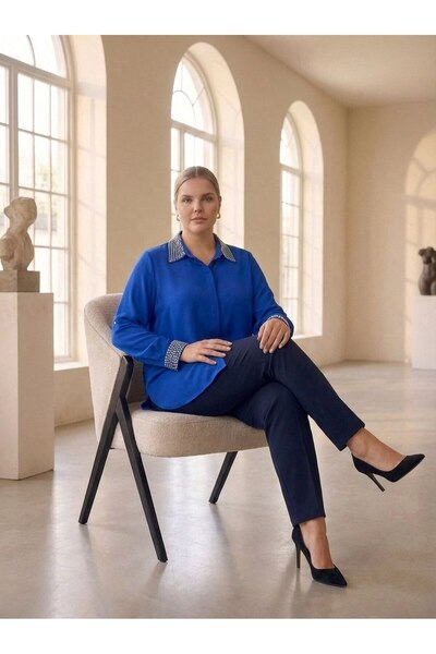 Hanezza Yıl Başı Şıklığı Büyük Beden Yaka Ve Kol Taş Detaylı Gömlek