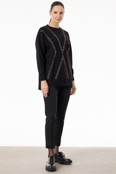 Tığ Triko Leopar Taşlı Triko Tunik - Siyah