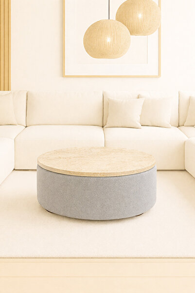 DEKOR MOBİLYACIM ARVENIA 60 CM ÜST TRAVERTEN TABLALI ORTA PUF SALON SEHPASI