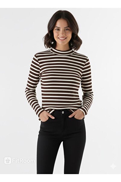 arvensolin Striped Half-Tricot Turtleneck Bodysuit Sweater