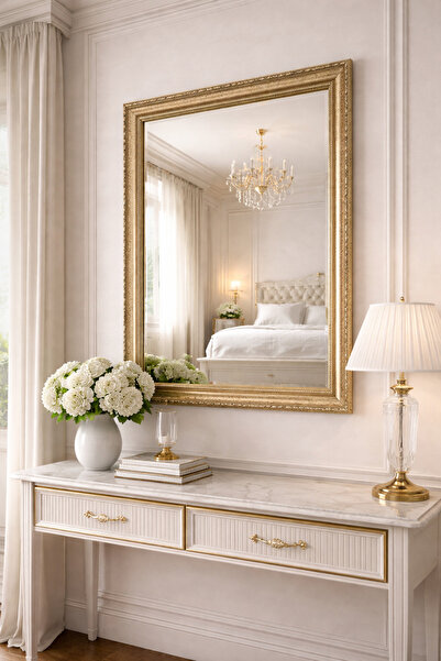 Narkissos Dizayn Bej Renk Eskitme Altın Klasik Çerçeveli Ayna-9cm Çerçeve Genişliği-Barok Desenli (Özel Ölçü)