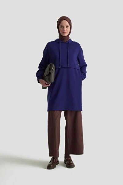 Armine Kapüşonlu Basic Tunik - Saks