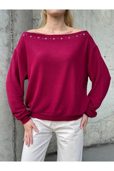 cemo Delikli Kenarlı Omuzları Açık Uzun Kollu Sweatshirt