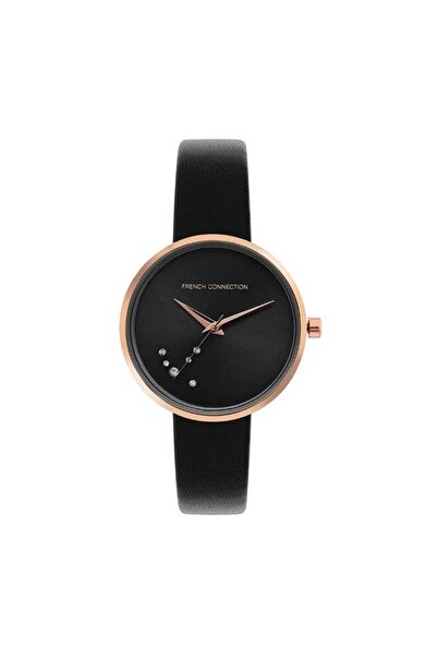 French Connection Analog Watch for Women with Black Dial and Black Leather Strap 31mm