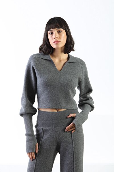 Ferraro Anthracite Long Sleeve Shirt Collar Modern Cut Cashmere Women's Knitwear Sweater