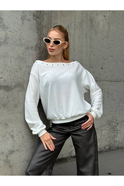 cemo Delikli Kenarlı Omuzları Açık Uzun Kollu Sweatshirt