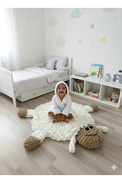 Butik Organik Yıkananilir El Örgüsü Kuzu Bebek ve Çocuk Oyun Halısı Bebek Çocuk
