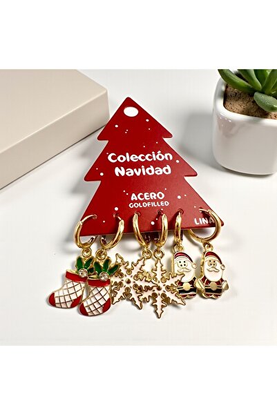 ALS Tasarım Dünyası Women's Santa Claus, Snowflake, and Boot Themed Triple Christmas Earrings, New Year's Gift Earrings