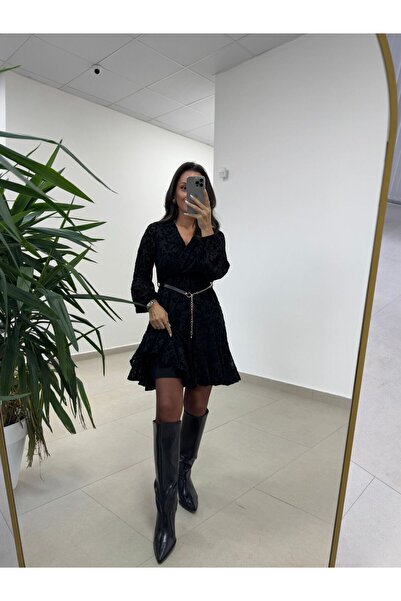 caddstore Mc 5586 Siyah Floklu Kruvaze Elbise