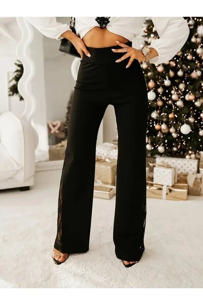 Kanonik Education Women's High Waist Side Ruched Wide Leg Detailed Imported Crepe Pants