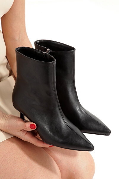 PAYZİN Botine ascuțite cu fermoar din piele neagră, cu toc subțire de 5 cm, s...