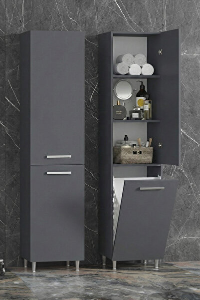 ÖZCEDEN 40*167 cm Antrasit Gri MDF Sepetli Ayaklı Banyo Boy Dolabı