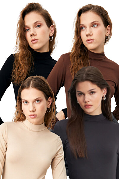 Ladima Women's Black Cream Bitter Brown Anthracite 4-Piece Half Turtleneck Basic Bodysuit