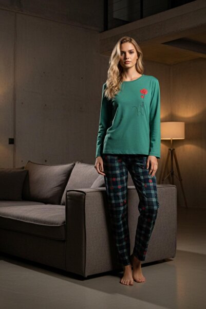 PİJAPİA Премиум 100% памучен дамски комплект пижама с дълъг ръкав, зелен