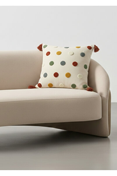 Destiva Home Colorful Dot Punch Embroidered Decorative Tasseled Throw Pillow Cover Cotton 42X42 cm