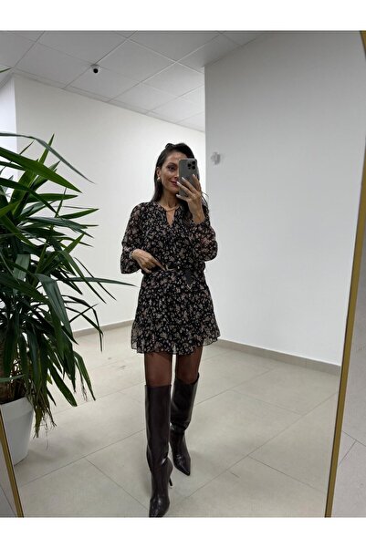 caddstore Mc 5088 Siyah Gipe Detaylı Şifon Elbise