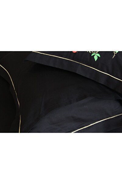 BAŞ TASARIM Black Duvet Cover Set with Spiral Floral Embroidery