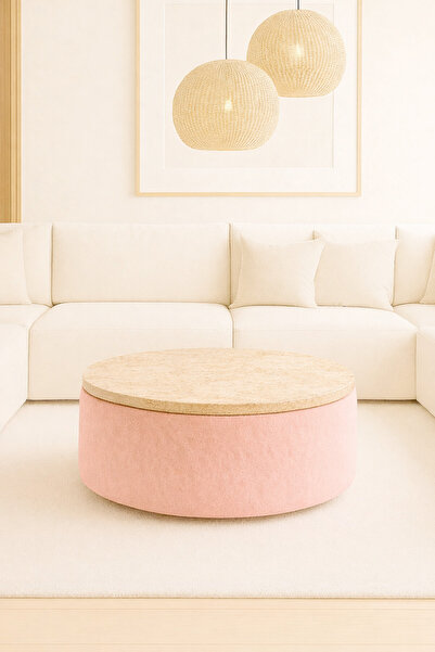 DEKOR MOBİLYACIM ARVENIA 60 CM ÜST TRAVERTEN TABLALI ORTA PUF SALON SEHPASI