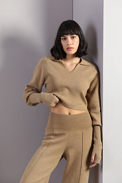 Ferraro Camel Long Sleeve Shirt Collar Modern Cut Cashmere Women's Knitwear Sweater