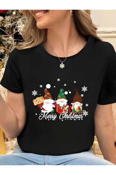 Printiva Zenrova Oversized Christmas 2026 Noel Yilbaşi B Printed Cotton Crew Neck Short Sleeve Black T-Shirt