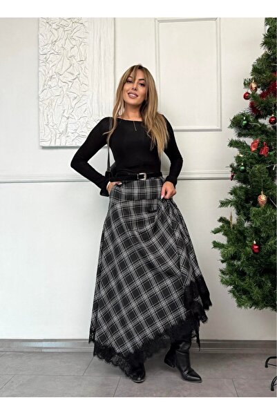 HARMONY GLOBAL Women's Anthracite Skirt with Lace Hem, Asymmetrical Cut, Pockets, Belted Plaid Skirt 7672