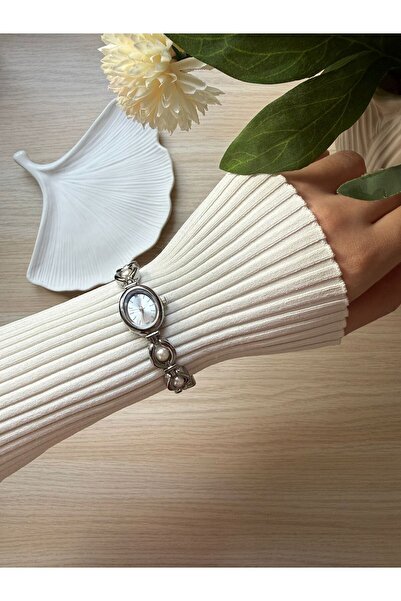 rubsey Retro Minimal Metal Cord Vintage Women's Wristwatch Pearl Model Silver
