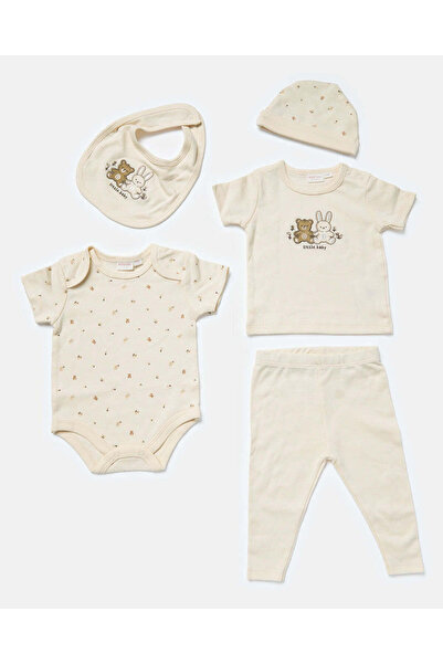 REDTAG Baby Beige Set Of Grower, Bodysuit, Bib, Hat And Mittens