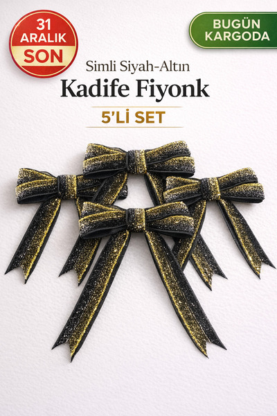 paşateks since 1995 şekil Arc de catifea cu sclipici negru-auriu de Anul Nou – Pom de pin și ornament pentru cadou – Set de 5