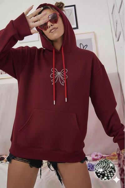 CAST COLLECTİON سترة نسائية ذات قلنسوة من Bordo Fiyonk Trock Stone مطبوع