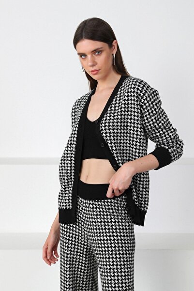 Ferraro Black/White Crow's Feet Patterned V-Neck Buttoned Cashmere Women's Knitwear Cardigan