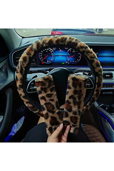 FESECRAFT Leopar Desenli Lüks Peluş Direksiyon Kılıfı ve Emniyet Kemeri Kılıf...