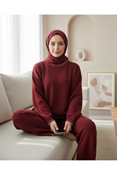 Modamorfo Round Neck Trim Embroidery Detailed Knitwear Set - Burgundy