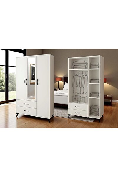 Ninna Kids Ninna Mobilya 3 Kapaklı Aynalı Raflı Çekmeceli Modern Dolap