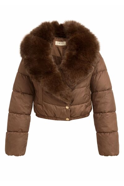 NO BRAND Women's Puff Cropped Taupe Jacket with Fur