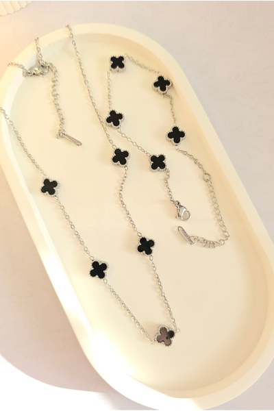 MİLUNXTE Çelik Siyah Yonca Kolye Ve Bileklik Seti Kararmaz Solmaz Çelik Takı