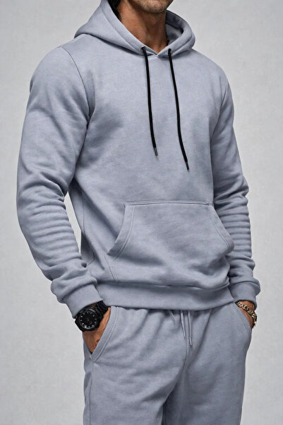 DAMGA JEANS Ανδρικό φούτερ με κουκούλα και τσέπη καγκουρό σε γκρι χρώμα